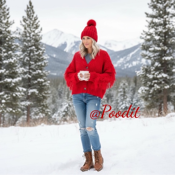 DAY & MOON Red knit fringe sleeve cardigan S M L - Picture 10 of 10